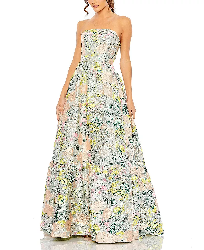 Mac Duggal Petite Floral Brocade Strapless A Line Gown