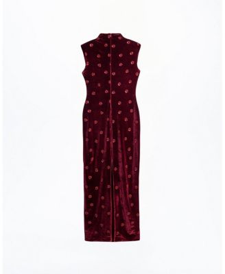 Mandarin-Collar Velvet Midi Dress