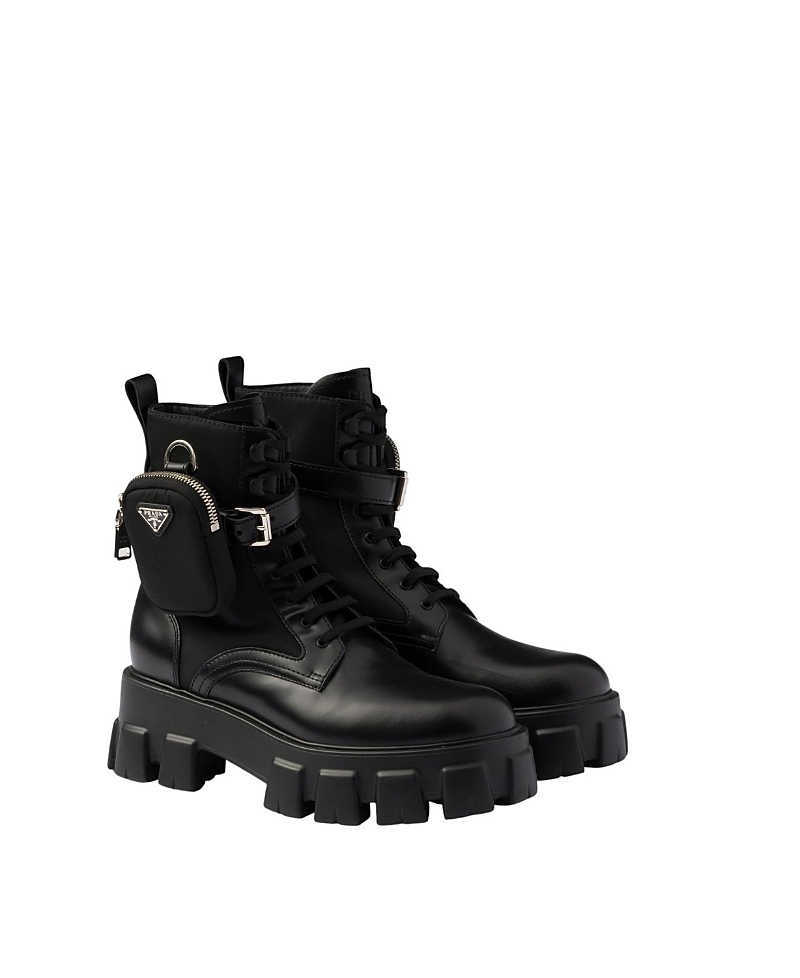 Prada Women's Monolith Leather And Re-Nylon Combat Boots With Pouch