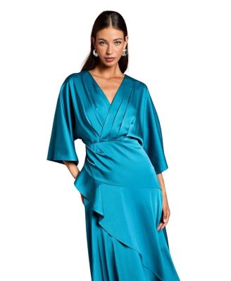 Satin Crepe Ruffle Wrap Midi Dress