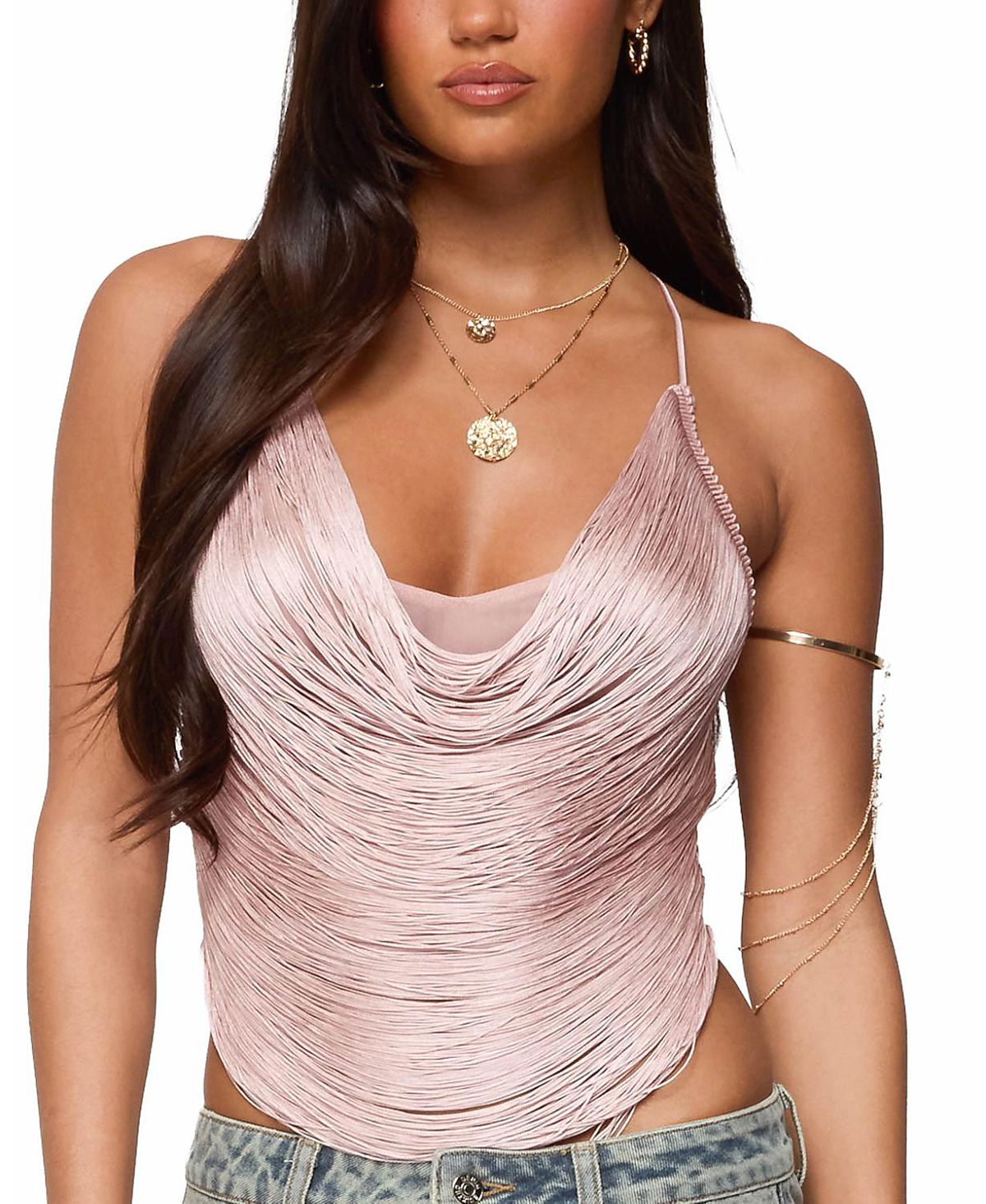 Edikted Elenie Fringed Cowl Neck Top