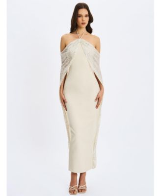  Quimera Beaded Cape Halter Off-Shoulder Maxi Gown