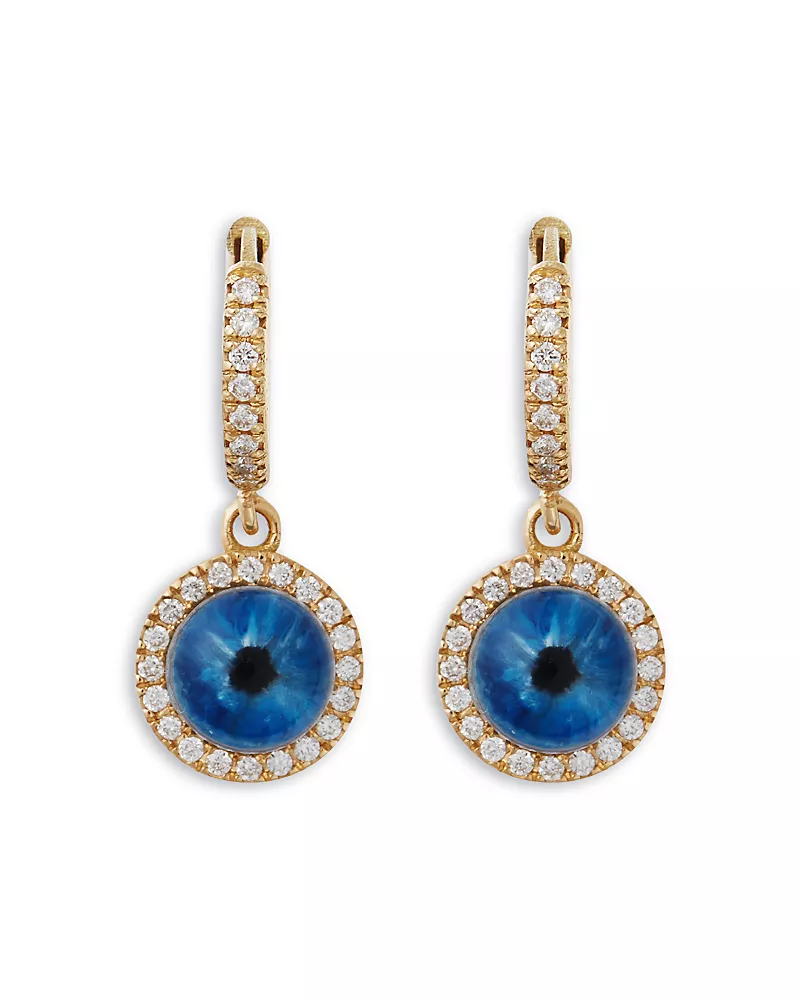 Ileana Makri 18K Yellow Gold Fine Evil Eyes Hand Painted Quartz & Diamond Drop Earrings