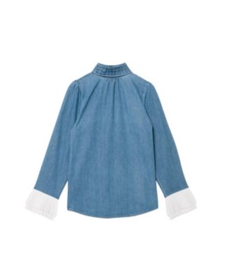  Women's Denim Contrast Cuff Blouse