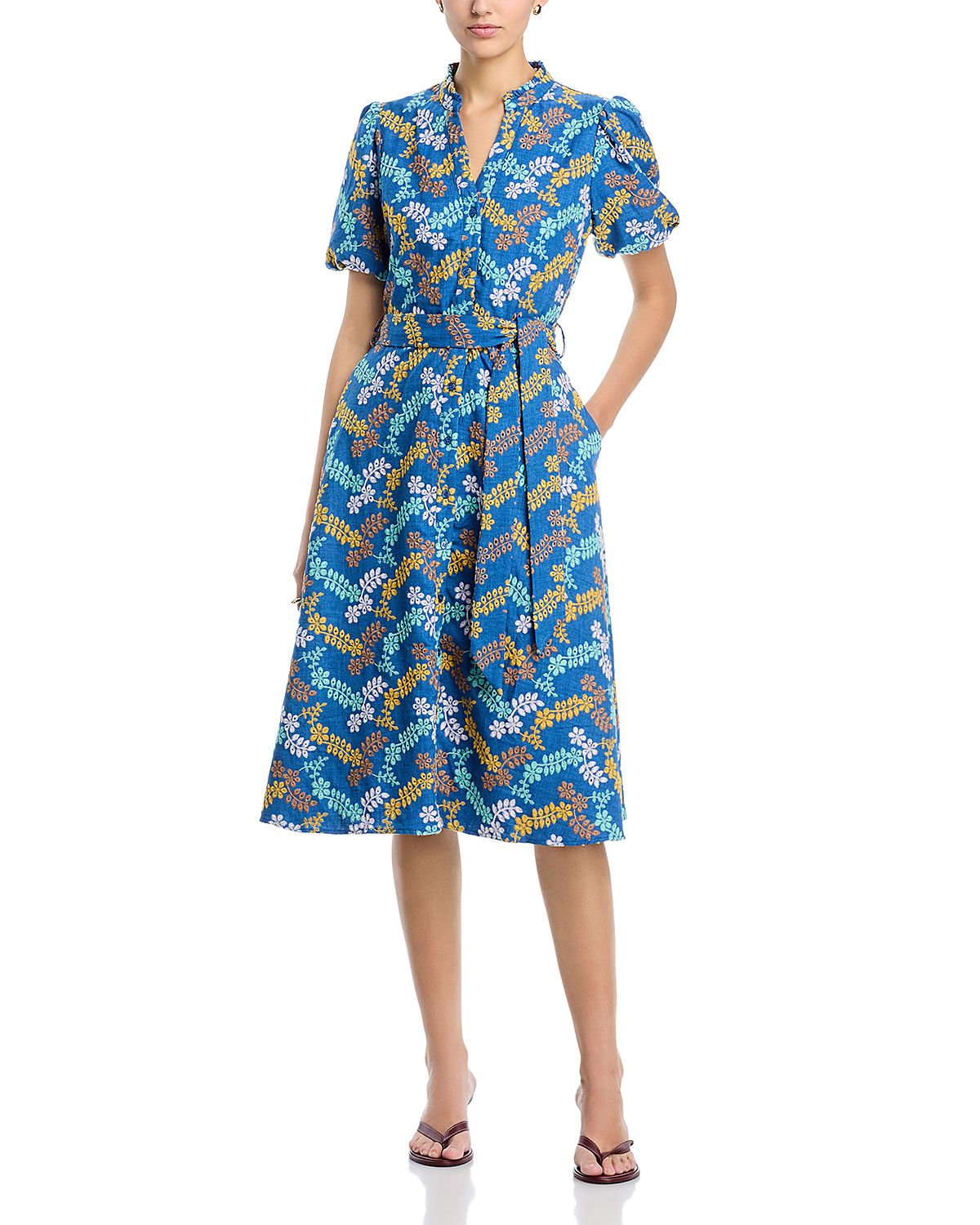 T Tahari Split Neck Button Down Fit and Flare Dress