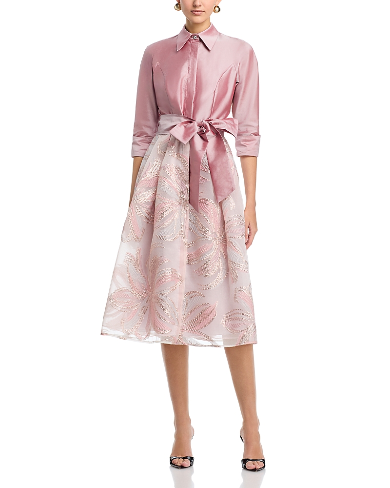 Teri Jon By Rickie Freeman Textured Taffeta Floral Jacquard Shirt Dress
