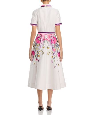 Cotton Shirtwaist Floral Print Stripe Trim Dress