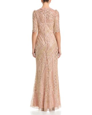 Art Deco Beaded Tulle Elbow Sleeve Gown