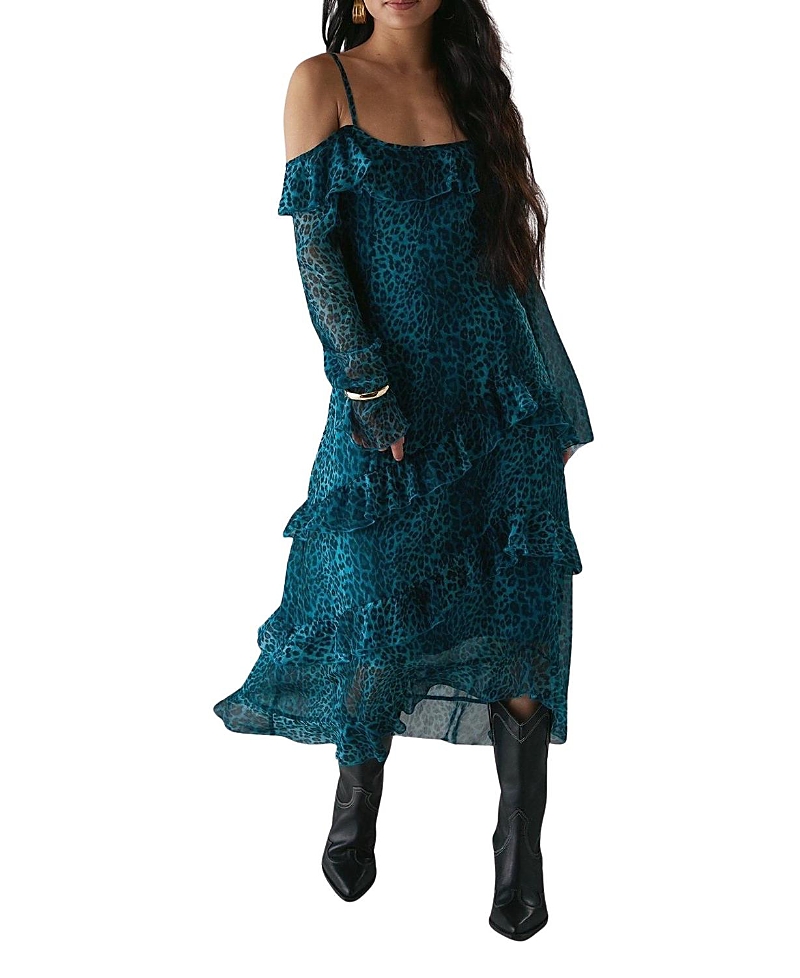 Warehouse Ruffle Cold Shoulder Midi Dress