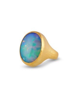  24K Yellow Gold Rune Oval Ethiopian Opal Statement Ring