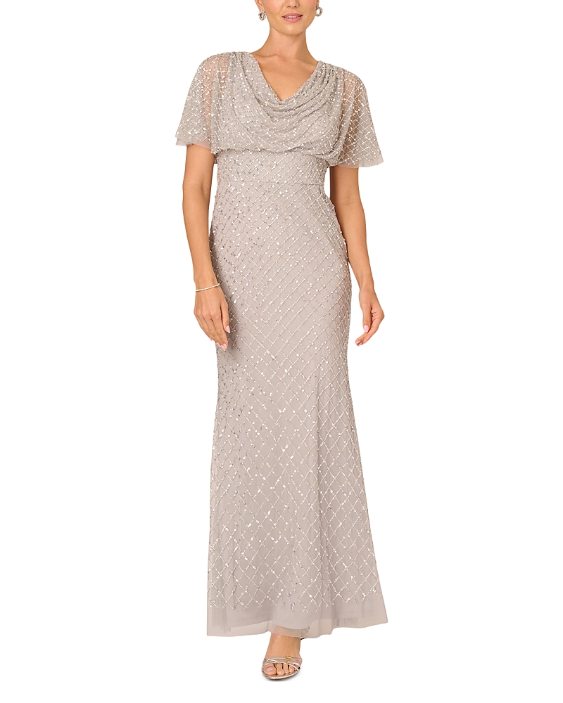 Adrianna Papell Beaded Cowl Neck Gown