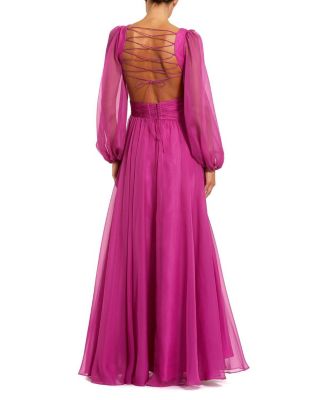  Long Sleeve V Neck Chiffon Gown with 3D Flower