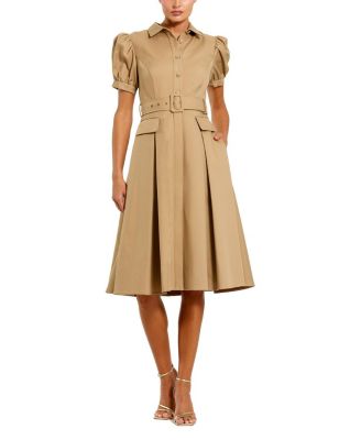  Puff Sleeve Twill Button Up Midi Dress with Belt