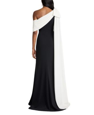  Romi One-Shoulder Bow Cape Gown
