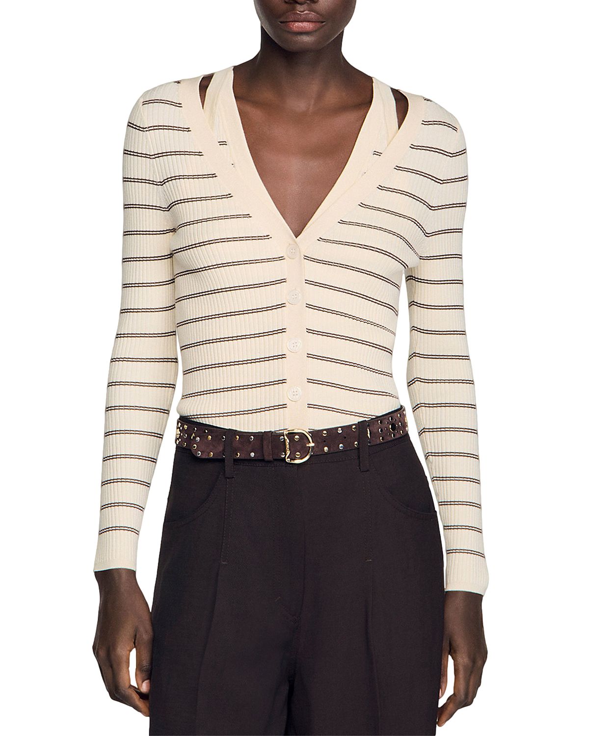 Sandro Gabri Stripe Rib Knit Cardigan Sweater