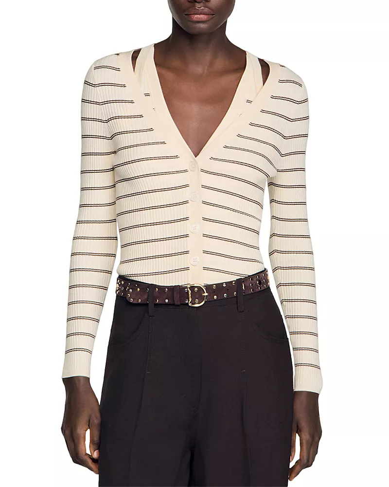 Sandro Gabri Stripe Rib Knit Cardigan Sweater