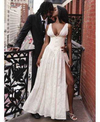  Sabrina High Slit Jacquard Maxi Dress