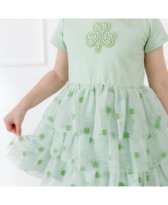 Girls' Flocked Shamrock St. Patrick's Day Tiered Short Sleeve Tutu Dress - Baby, Little Kid, Big Kid