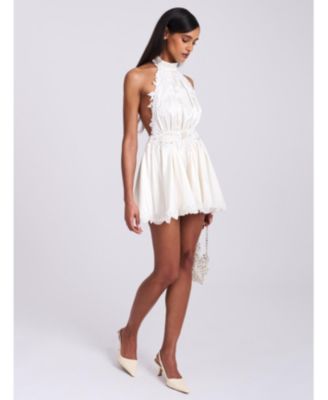  Idalia Beaded Lace Trim Backless Halter Mini Dress