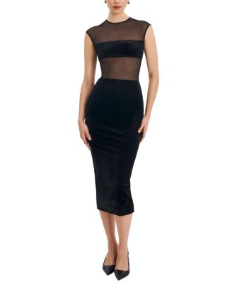  Quielle Mesh and Velvet Midi Bodycon Dress