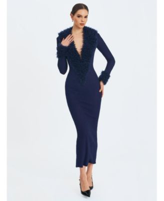  Romina Plunging Faux Fur Trimmed Crochet Maxi Dress