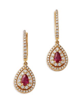 Ruby & Diamond Dangle Hoop Drop Earrings in 14K Yellow Gold
