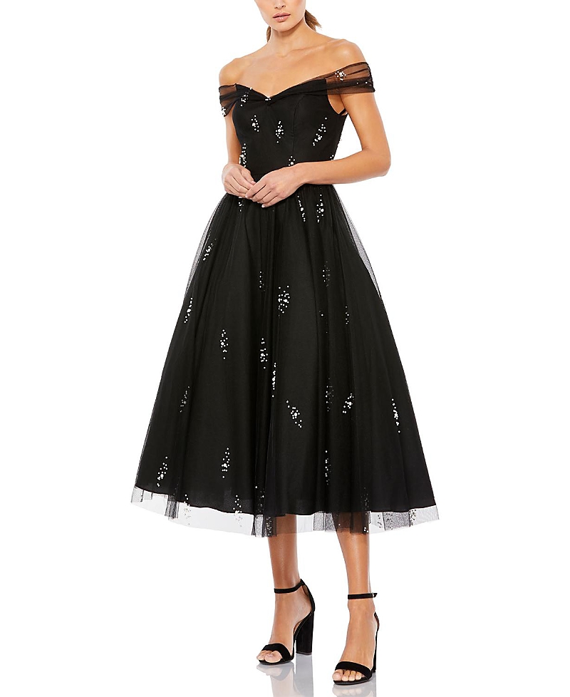 Mac Duggal Petite Ieena Off the Shoulder Embellished Tulle Cocktail Dress