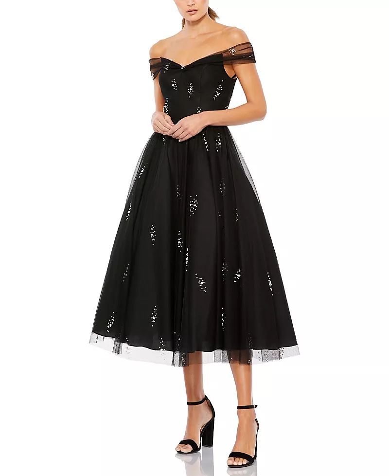 Mac Duggal Petite Ieena Off the Shoulder Embellished Tulle Cocktail Dress