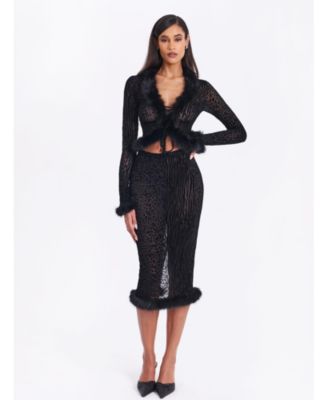Halia Burnout Velvet Stretch Mesh Faux Fur Trim Skirt