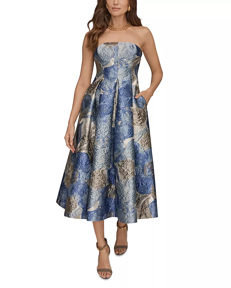 Donna Karan Strapless Jacquard Midi Dress