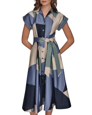 Spread Collar Printed Pleated Midi Shirt Dress