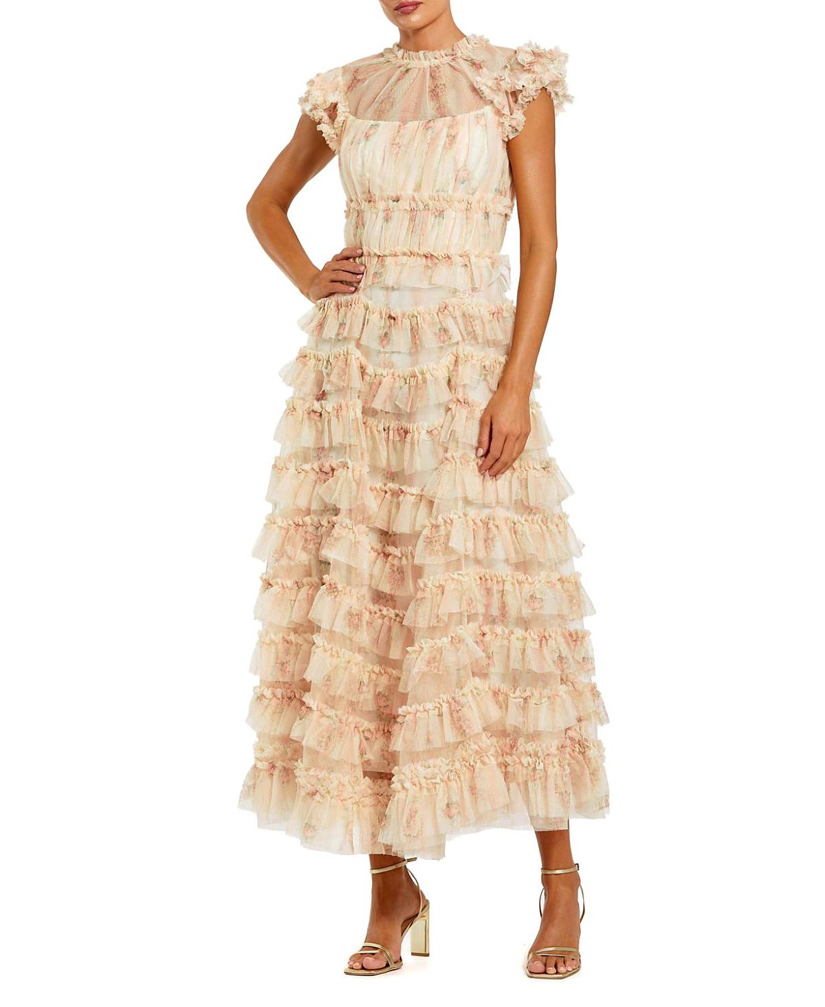 Mac Duggal Printed Mesh Short Sleeve Micro Ruffle Midi Dress