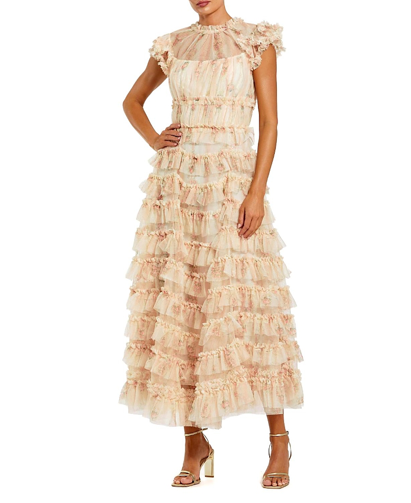 Mac Duggal Printed Mesh Short Sleeve Micro Ruffle Midi Dress