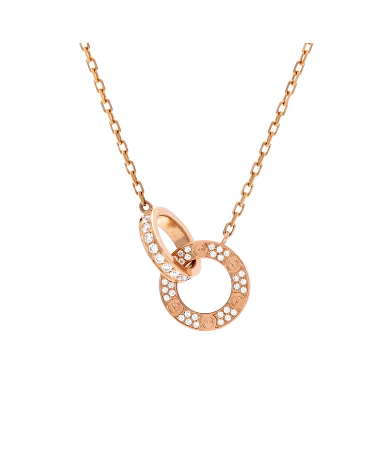 Pre-Owned Cartier Love Interlocking Pave Necklace 18K Rose Gold and Diamonds, 16"