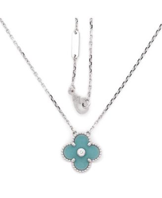  Vintage Alhambra Pendant Necklace 18K White Gold and Green Celadon Sevres Porcelain with Diamond, 16.25"