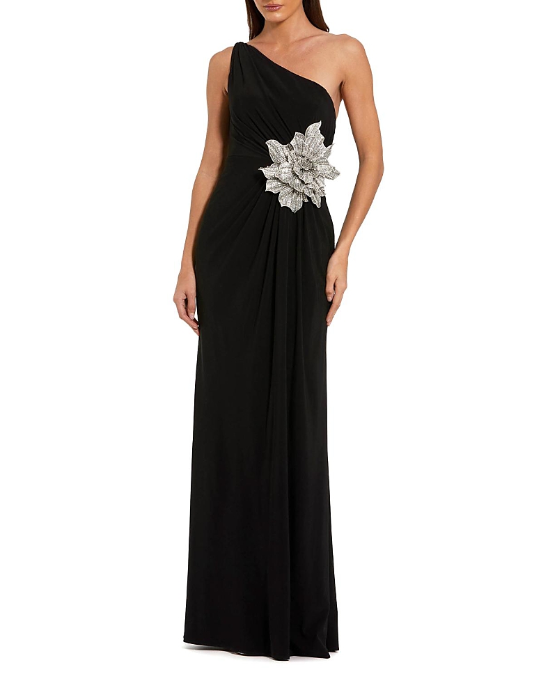 Mac Duggal Jersey One Shoulder Gown with Rhinestone Flower
