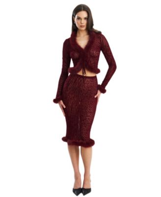  Hali Animal Print Burnout Velvet Faux Fur Trim Top