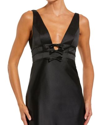  Sleeveless V Neck Satin Gown with Bow Details