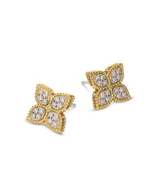 18K White & Yellow Gold Princess Flower Diamond Stud Earrings