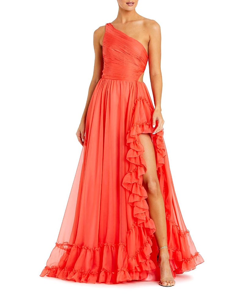 Mac Duggal One Shoulder Asymmetrical Ruffle Gown