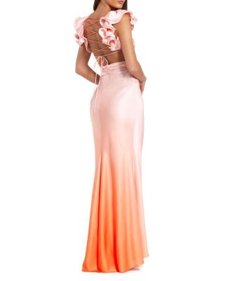  Charmeuse Ruffle Strap Crossover Ombre Gown