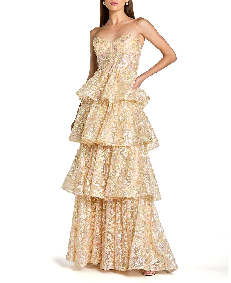 Mac Duggal Strapless Sweetheart Neck Tiered Ruffle Gown