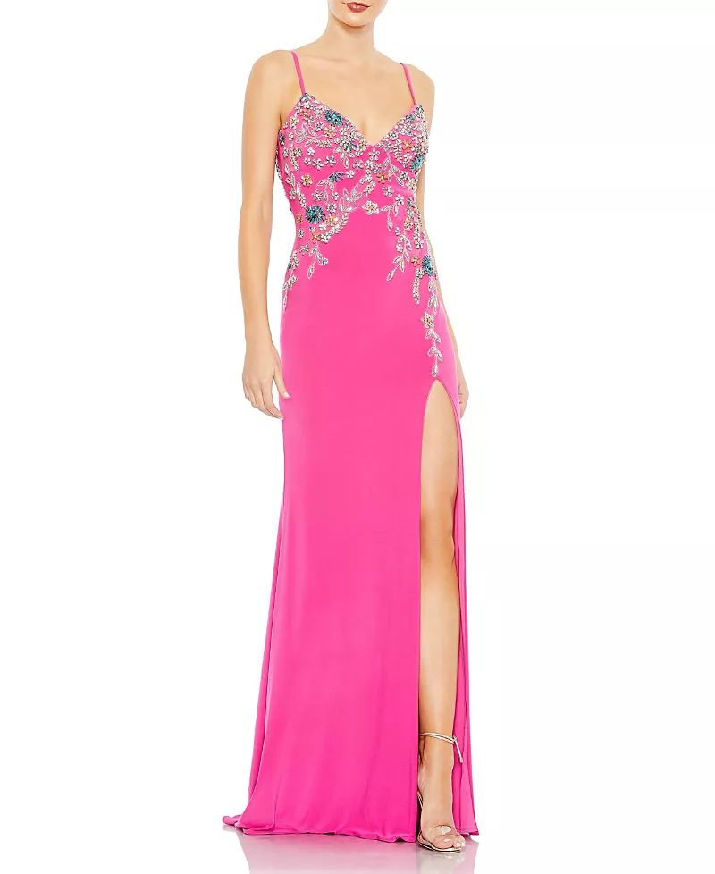 Mac Duggal Multi Color Beaded Floral Cami Gown