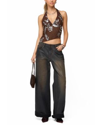 Sequin Asymmetric Mesh Halter Top