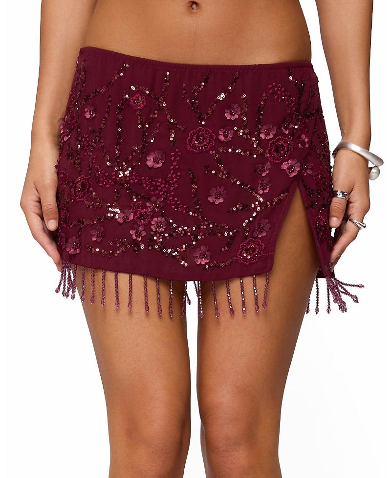 Edikted Chiffon Sequin Bead Fringed Mini Skirt