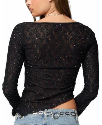 Mare Asymmetric Gem Sheer Lace Top
