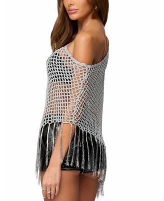 Evette Fringe Open Knit Metallic Poncho