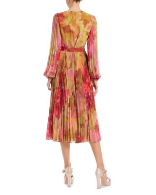 Pleated Floral Wrap Midi Dress