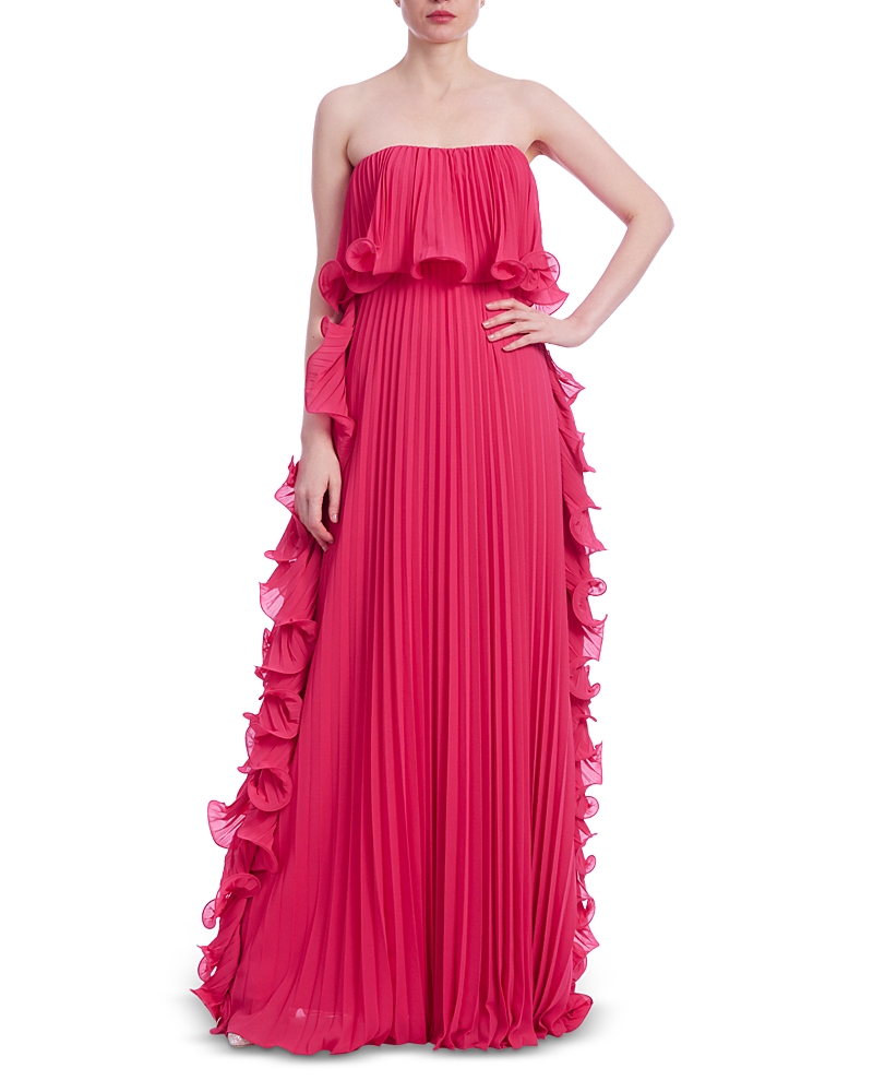 Badgley Mischka Strapless Octo Ruffled Pleated Gown