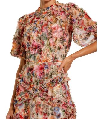 Women's Floral Flutter Sleeve Mesh Print Dress